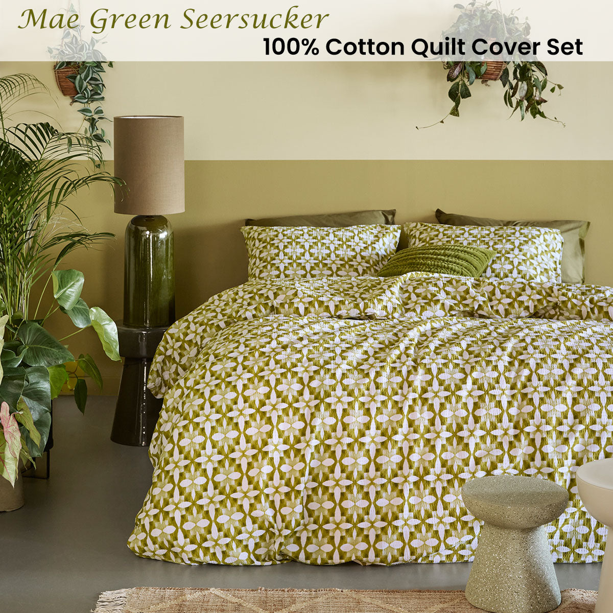 NNEDSZ Bedding House Mae Green Seersucker Cotton Quilt Cover Set King
