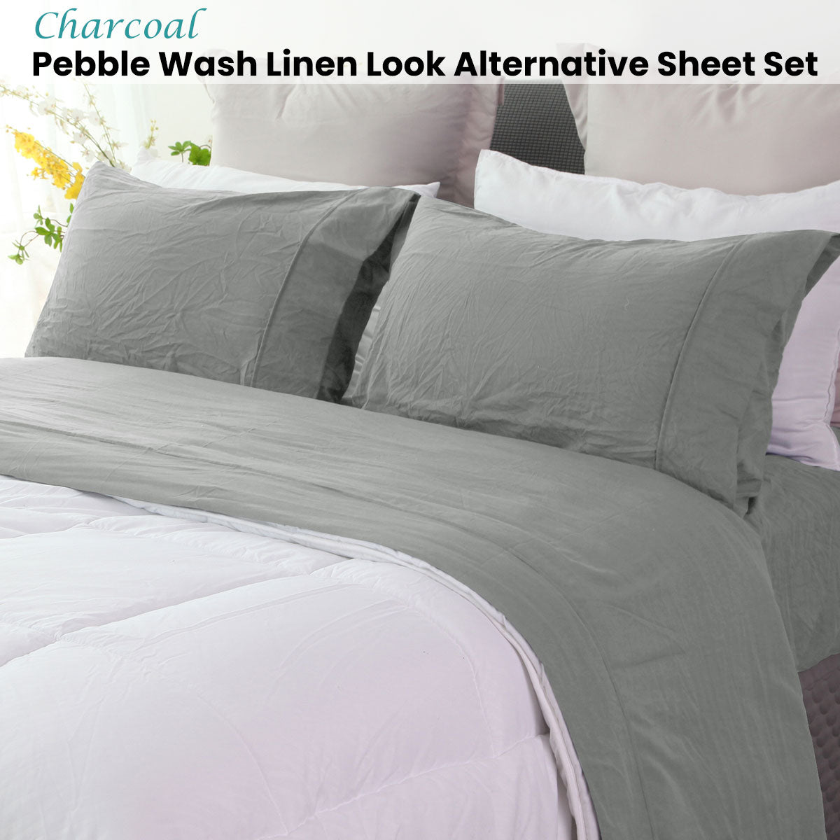 NNEDSZ Ramesses Charcoal Pebble Wash Linen Look Alternative Sheet Set Double