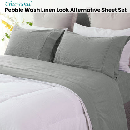 NNEDSZ Ramesses Charcoal Pebble Wash Linen Look Alternative Sheet Set Double