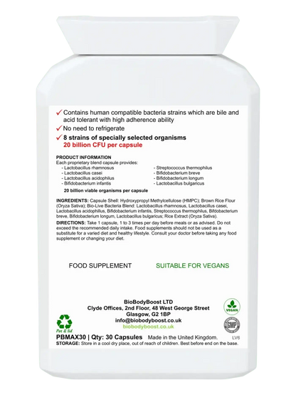 BioBodyBoost Vegan Probiotic - 20 Billion Live Cultures